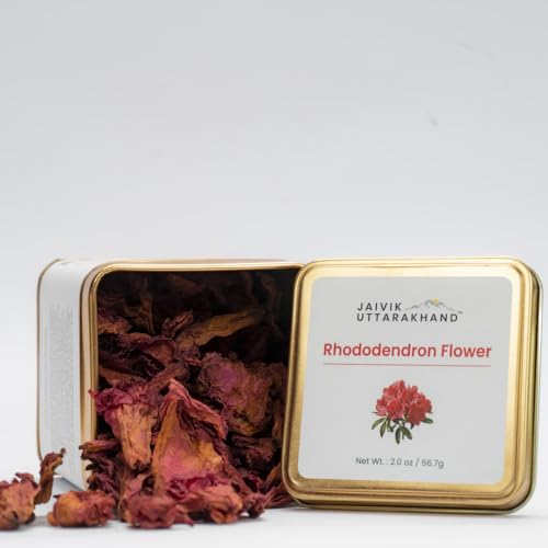 Image of Jaivik Uttarakhand Rhododendron (Buransh) Tea 56.7 g, Dried Loose Leaf Red Flower, Sweet, Pack of 1 Tin Can