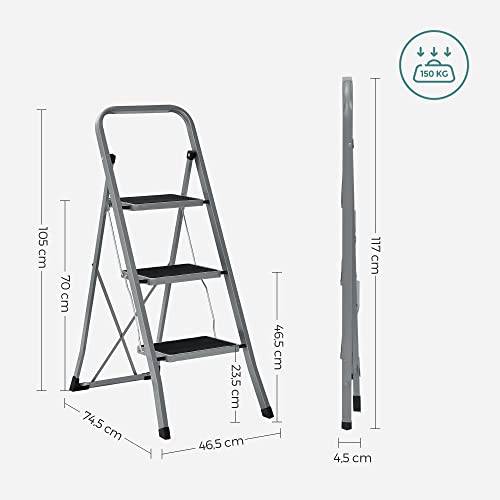SONGMICS Trittleiter, Leiter mit 3 Stufen, Klapptritt, Klappsicherung, einfach zu verstauen, bis 150 kg belastbar, Taubengrau GSL003GY01