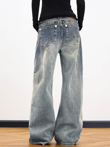Image of EMMIOL Women Hip Hop 90s Vintage Baggy Jeans Denim Pants Mid Waist Jeans