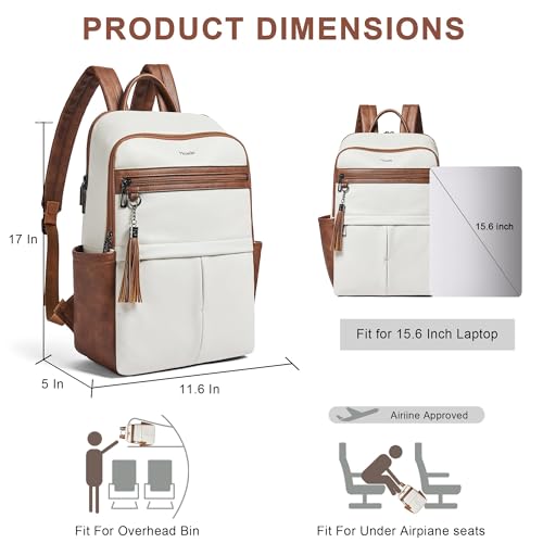 Leather Laptop Backpack for Women, 15.6" Causal Daypack Backpacks Purse Computer Backpack with Laptop Compartment for Travel Work College Business, Beige Brown3