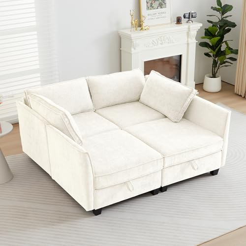 Image of ORRD Sleeper Modular Sectional Sofa Set, Convertible Couch Bed with Storage, 4 Seater and 4 Armrestes Sofa Modular for Living Room, Office (Beige)
