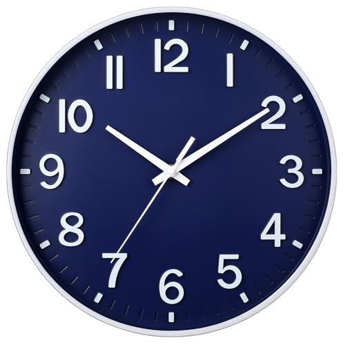 Image of HZDHCLH Navy Blue Wall Clocks Battery Operated,12 inch Silent Non Ticking Modern Wall Clock for Living Room Bedroom Kitchen Office Classroom Decor