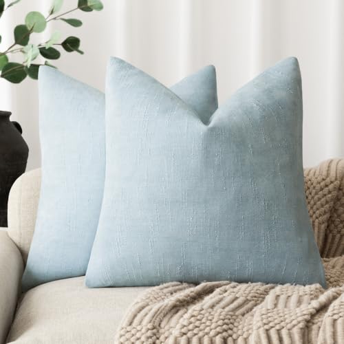 Image of Foindtower Pack of 2 Textured Chenille Throw Decorative Pillow Covers Square Accent Solid Cushion Cover Neutral Farmhouse Modern Pillow Case for Couch Sofa Bedroom Living Room 26x26 Inch,Light Blue