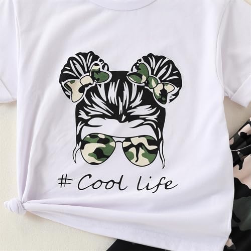 Image of Ayzozuy Kid Girl Clothes Outfits Figure Letter Graphic Tee Top + Flap Pocket Pants 2PC Clothing Set