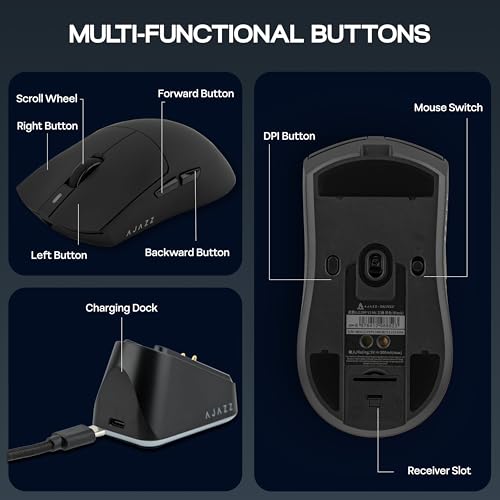 Image of MechLands AJAZZ AJ139P V3 MC Wireless Mouse with Charging Base, 3 Modes Gaming Mouse with 800mAh Battery, Adjustable 24,000 DPI, PAW3311 Sensor, 1000 Polling Rate, 69g Lightweight, Win /Mac (Black)