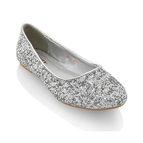 Womens Ladies Flat Ballet Glitter Bridal Bridesmaid Prom Dolly Sparkly Pumps Slip On Shoes Size 3-9