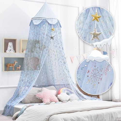 Bed Canopy Girls- Kids Princess Round Dome Bed Curtain with Snow Glitter-Dreamy Play Tent Hanging Netting Canopy Reading Nook Canopy for Children Room Decor