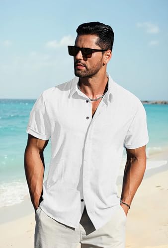 LETSEE Linen Shirts for Men Short Sleeve Button Down Casual Beach Summer Hawaiian Dress Shirt Clothing, White, Large — view 3