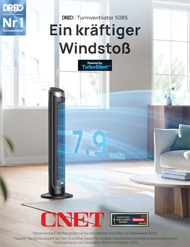 DREO Smart Turmventilator Sehr Leise, 90° Oszillierend Standventilator für Schlafzimmer, 7.9 m/s Windstärke, 5 Stufen, 4 Modi, Touch/Fernbedienung/App & Sprachsteuerung, Alexa, 12H Timer, Silber 2