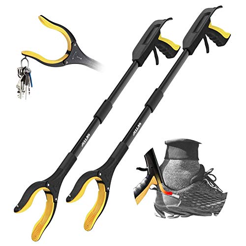 Jellas 2-Pack 32 Inch Grabber Reacher Tool with Shoehorn, 90° Rotating Head Grabber Tool for Elderly, Outdoor and Indoor Trash Picker Grabber(Yellow)