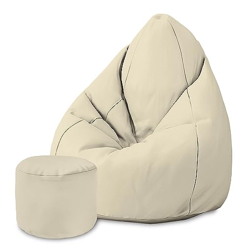 DreamRoots Sitzsack für Kinder und Erwachsene - Sitzsack mit Füllung, Lehne, Hocker und Bezug - Oxford Stoff 220 gr/m2 Wasserdicht - Sitzkissen Boden - Chill Sack M, Cremeweiß