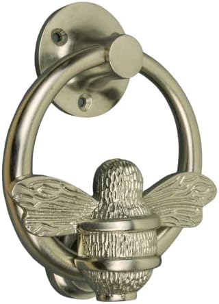 Bee Door Knocker for Front Door | Polished Solid Brass | Brass Knockers with Strike Plate | UPVC | Bumblebee Front Door Furniture with a Unique Design (Satin Ring Bee Door Knocker)
