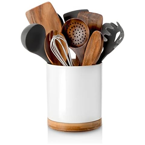 Nucookery 360° Rotating Utensil Holder, 7.2" Large Utensil Crock, White Ceramic Cooking Utensil Organizer with Countertop-Protection Cork Bottom for Farmhouse Kitchen Decor Christmas Gift (White) Cover