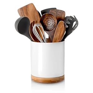 Nucookery 360° Rotating Utensil Holder, 7.2″ Large Utensil Crock, White Ceramic Cooking Utensil Organizer with Countertop-Protection Cork Bottom for Farmhouse Kitchen Decor Gift (White)