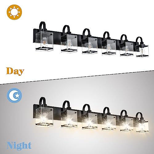 Image of 6 Light Bathroom Vanity Lights Fixtures, Black Bathroom Wall Lights Modern Bath Wall Mounted Lights with Clear Glass Shade Wall Light for Mirror Bed Hallway (E26 Base)