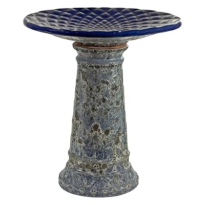 Sunnydaze Rennes Outdoor Ceramic Bird Bath - 22.5" H - UV- and Frost-Resistant - Glazed Bowl with Blue Lava Finish