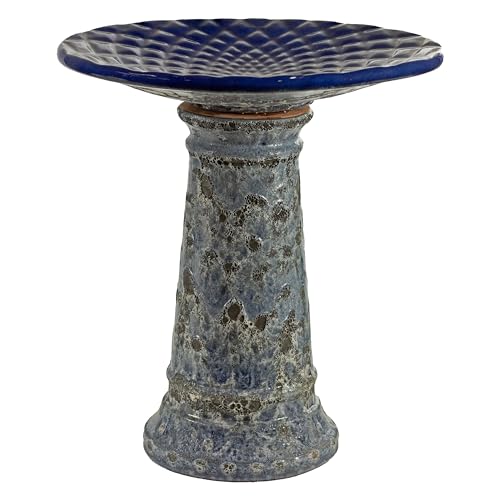 Sunnydaze Rennes Outdoor Ceramic Bird Bath - 22.5' H - UV- and Frost-Resistant - Glazed Bowl with Blue Lava Finish
