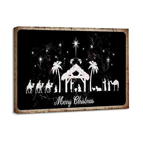 Crèche de Noël sur toile peinture huile encadrée 40x50 cm