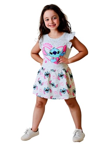 Disney Lilo & Stitch Mädchen Sommerkleid – Kinder Kleid mit Rüschenärmeln & Allover-Print – Größen 92–128 – Baumwolle – Grau oder Pink, Farbe: Grau, Bekleidungsgröße: 92