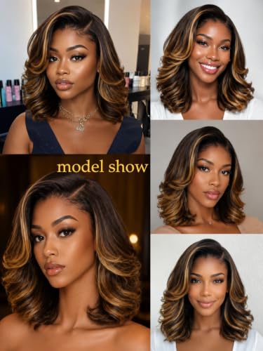 Image of Beauty Forever Glueless Bob Wig Human Hair 13x4 HD Lace Front Body Wave Drawstring Wig Chocolate Brown with Golden Highlights Pre Plucked Pre Cut French Bob 150% Density Ready to Wear 10inch