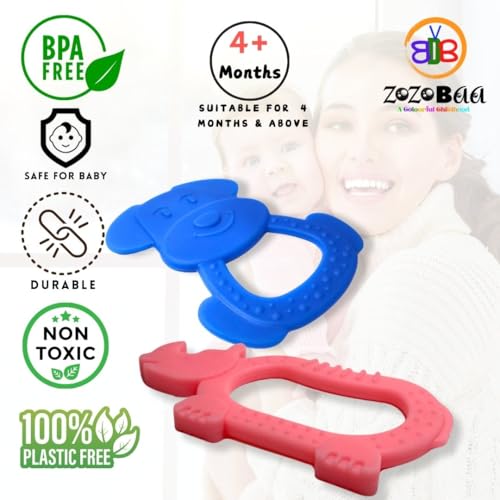 Image of Cute Shape Soft Silicone Teether for Baby Gums, Teething Toys for Babies, BPA Free Pain-Relief Non-Toxic, 100% Food Grade, Soothing Easy to Grasp Chewable - Rhino+Hand+Dog+Rabbit (Pack of 4)