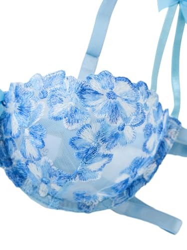 Image of Lilosy Sexy Tie Side Cute Underwire Push Up Strappy Embroidered Mesh Sheer Lingerie Set
