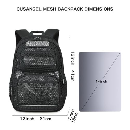 Image of Heavy Duty Mesh Backpack with Rain Cover For Stadium Event,16in Net Bookbag | Black See Through Net Backpack Semi-Transparent Large Lightweight Breathable for School Work Swimming Beach Fitness Sport