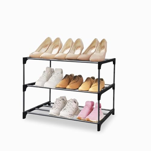 Image of Metal Shoe Rack Organizer Adjustable Storage Shelf for Entryway, Closet, Bedroom Space Saving Design, Durable Metal Frame, Black (3 Tier)