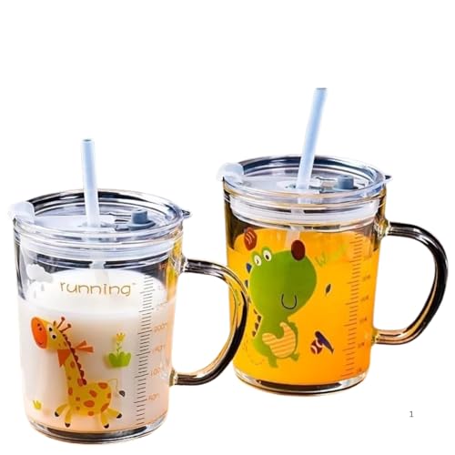 Image of Random Design Design Glass Measuring Drinking Milk Mug with Handle and Clear Lid with Silicone Straw for Girls & Kids Multiple Usage 350 ml (Set of 2)
