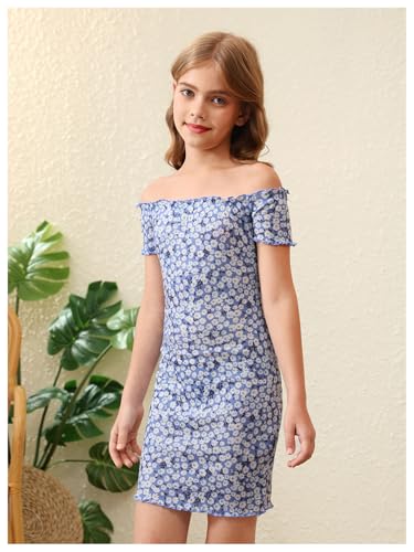 Floerns Girl's Floral Off Shoulder Short Sleeve Dress Ribbed Knit Lettuce Trim Short Dresses4
