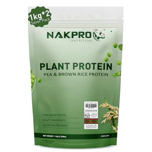 Image of NAKPRO NUTRITION Plant Protein Powder (Pea & Brown Rice Protein), Chocolate - 2kg | 25.2g Protein| All Essential Amino Acids