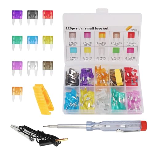 120PCS Car Fuses Assortment Kit with Tester & Puller,Multi-Amp Blade Automotive Fuses Kit Includes 35A/30A/25A/20A/15A/10A/7.5A/5A/3A/2A,Portable Car Fuse Kits with Storage Box