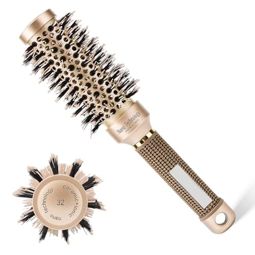 Cepillo Redondo Pelo, Cepillo Redondo para Secar con Secador, Cepillo de Cerdas de Jabalí, Cepillo Redondo para Secar con Secador, para Secar, Peinar, Rizar, Alisar y Brillo (32mm)