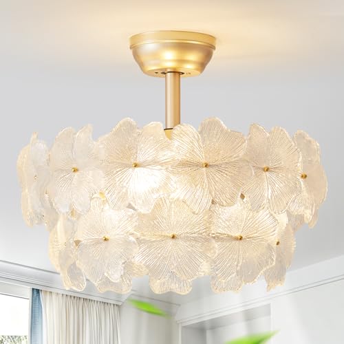 youngrender Gold Crystal Fandelier Ceiling Fan with Light 20 Gold Flower Ceiling Fans with Lights Remote Control Mid-Century Caged with 6 Speeds for Bedroom Nursery Living Room