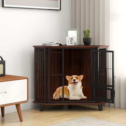 COSTWAY Eck Hundekäfig Möbel, Hundehütte mit abschließbarer Tür & 3 Holzbeinen, Hundebox aus Holz und Metall, für kleine mittelgroße Hunde, Indoor, Braun, 60 x 60 x 71,5 cm