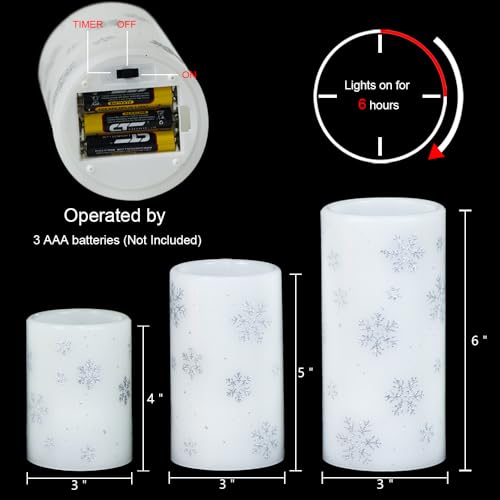 Image of Eldnacele Christmas Flickering Flameless Candles with 6 Hour Timer, Silver Snowflake Decal Battery Operated Real Wax LED Pillar Candles Home Tabletop Holiday Decor(3Pcs,3x4 /5 /6 Inches)