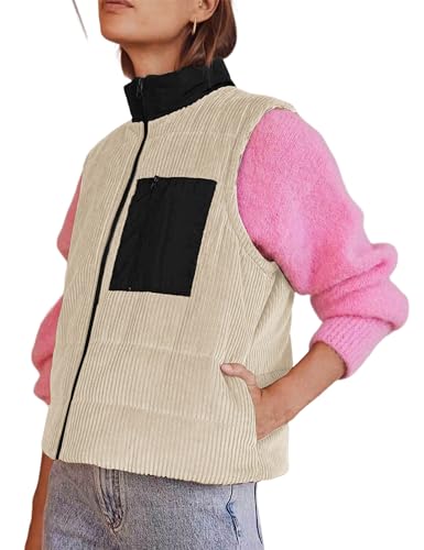 Women Corduroy Puffer Vest Cropped Sleeveless Jacket Puffy Stand Collar Gilet Coat Zip Up Outwear with Pockets
