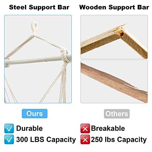 Image of Hammock Chair Hanging Swing with Wooden Armrests;Steel Spreader Bar and Anti-Slip Rings;Cotton Woven Fabric;Up to 300 Lbs for Bedroom,Patio,Porch,Deck-Indoor Outdoor Grey