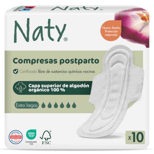 Naty compresas posparto con alas | 100% algodón orgánico certificado en contacto con la piel | Seguras para piel sensible, sin fragancia y sin plástico convencional | Toallas suaves | 10 unidades