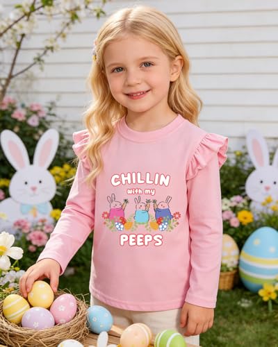 Image of Tkria Toddler Girls Happy Easter T-Shirt Bunny Eggs Ruffle Long Sleeve Shirt Kids Tee Top 2-7T