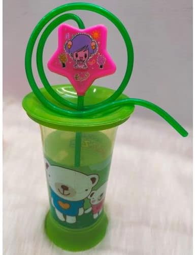 Green kids' cup with a bear design, green lid, and a green round straw topped with a pink star character.