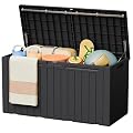 Greesum 110 Gallon Outdoor Storage Box with Lockable Lid, All-Weather for Patio Furniture, Pool Supplies & Garden Tools, Waterproof, UV-Resistant Large Deck Box, Dark Black