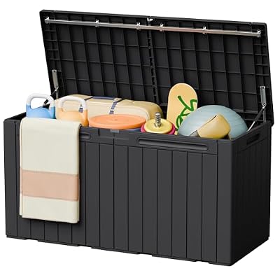 Greesum 110 Gallon Outdoor Storage Box with Lockable Lid, All-Weather for Patio Furniture, Pool Supplies & Garden Tools, Waterproof, UV-Resistant Large Deck Box, Dark Black