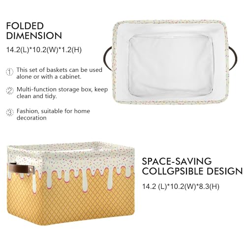 Image of Wamika Ice Cream Drip Baseball Storage Basket with Waterproof Liner and PU Handles White Vanilla Storage Bins Boxes 14.2 inch Collapsible Decorative Organizer Baskets for Bedroom Closet Office 1 Pack