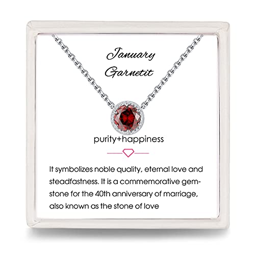 Presentski January Garnet Birthstone Necklace Sterling Silver White Gold Garnet Gemstone Necklaces Solitaire CZ for Women