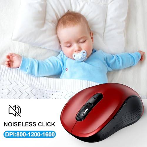 Image of WisFox 2.4G Wireless Mouse for Laptop, Ergonomic Computer Mouse with USB Receiver and Type-C Adapter, 6 Button Cordless Mouse Wireless Mice for Windows Mac PC Notebook (Red)