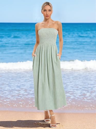 Image of Aigeman Women Strapless Tube Maxi Dress Flowy Swing Long Beach Sundress Sleeveless Boho Summer Dress with Pokets 330