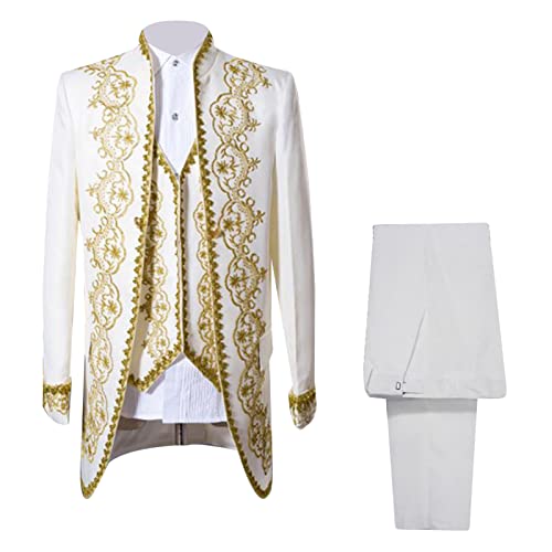 Men Court Embroidery Suits 3 Piece Casual Dress Suit Gold Prince Print Blazer Set Stylish Blazer & Vest & Pants