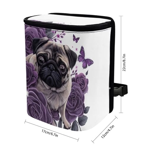 Image of Talayituse Pug Dog Butterfly Flower Print Car Trash Can, Portable Auto Garbage Bin Multifunctional Vehicle Interior Accessories with Adjustable Straps Universal Fit Truck SUV Sedan