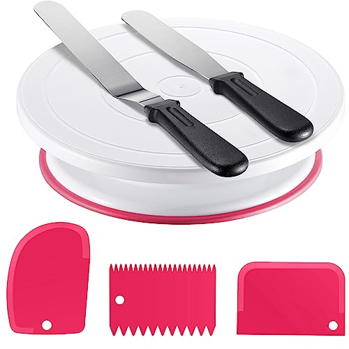 Kootek Cake Decorating Kit Baking Supplies Set Cake Turntable with 2 Frosting Straight Angled Spatula 3 Icing Smoother Scrapers Baking Accessories Tools for Beginners and Pros, Pink
